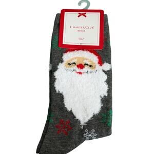 Charter Club Women's Holiday Crew Socks - Santa and Snowflakes on Grey Socks